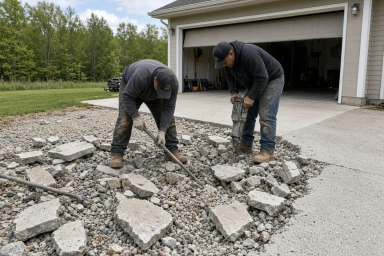 Crew breaking out a cracked driveway slab beside a garage — Concrete Driveways in Kouts