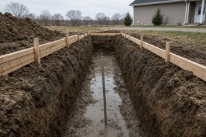 Open footing trench with soft wet soil at the bottom - Concrete Foundations in Kouts