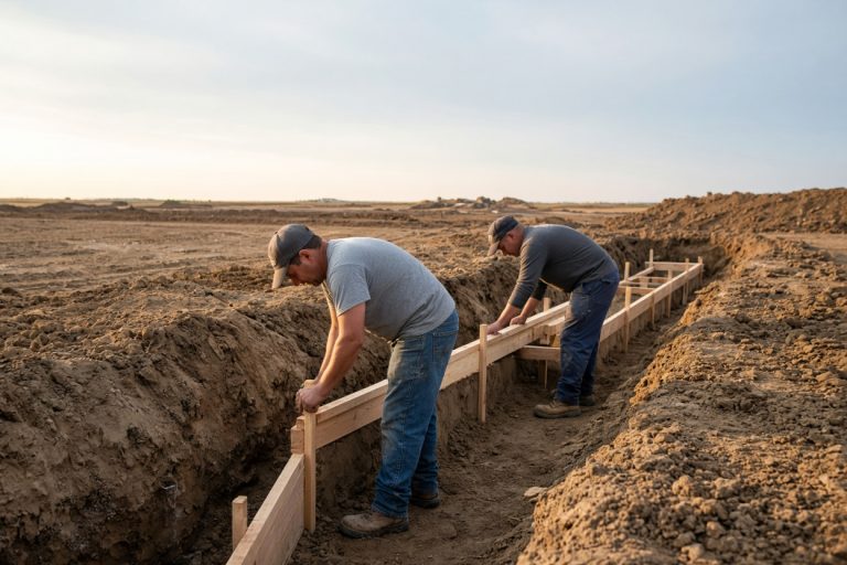 Workers setting footing forms in a dry trench - Concrete Foundations in Kouts