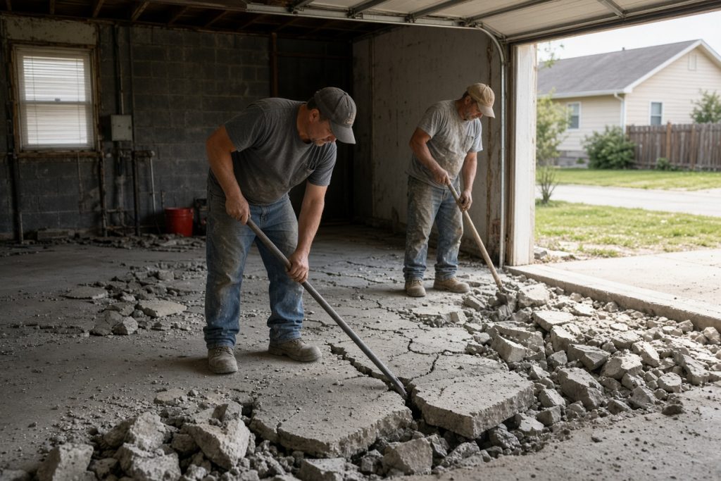 Crew breaking out a failed garage slab before a new pour — Concrete Garage Floors in Kouts