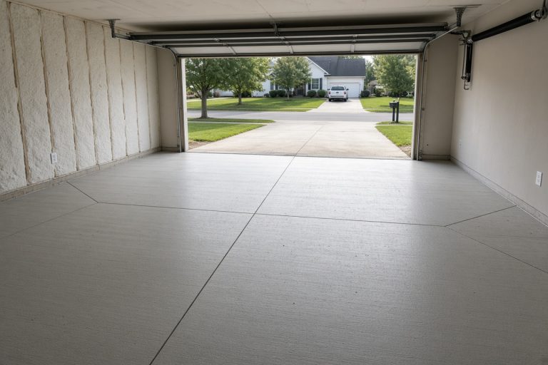 Finished broom finish garage slab sloping to an open door — Concrete Garage Floors in Kouts