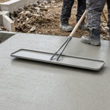 Crew pulling a bull float across a fresh patio pour — Concrete Patios in Kouts