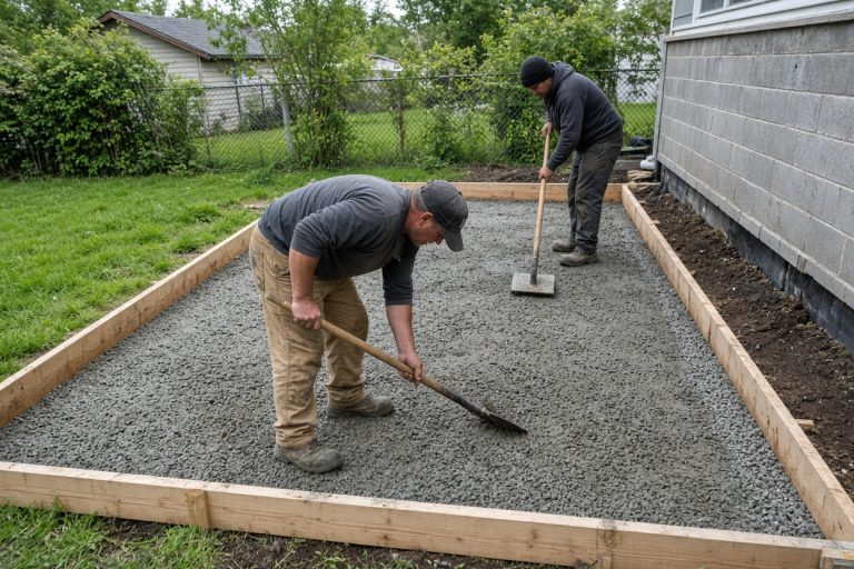 Crew spreading stone base before a patio pour — Concrete Patios in Kouts