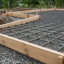 Steel reinforcement laid in forms on a compacted stone base — Concrete Slabs in Kouts
