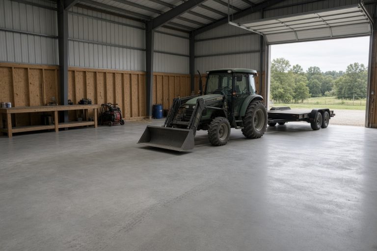 Finished shop slab with a tractor parked inside a pole barn — Concrete Slabs in Kouts