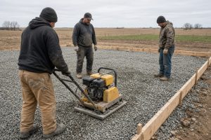 Crew compacting stone base for a shop slab on open ground — Concrete Slabs in Kouts
