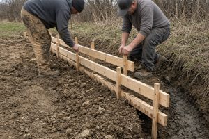 Crew setting forms for a low wall above a ditch - Retaining Walls in Kouts