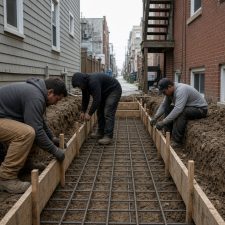 Crew setting footing forms between close houses - New Construction in Chicago