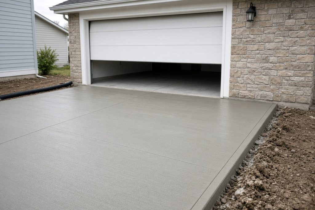 Fresh garage approach meeting a house slab at the overhead door — New Construction in Valparaiso