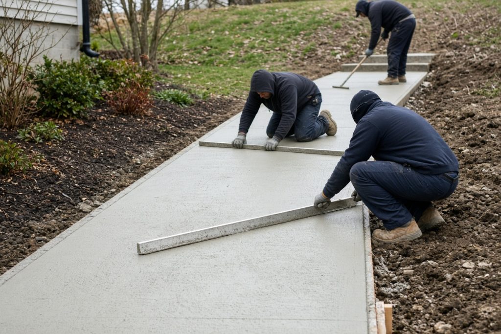 Crew screeding a new front walk along the fall of a yard — New Construction in Valparaiso