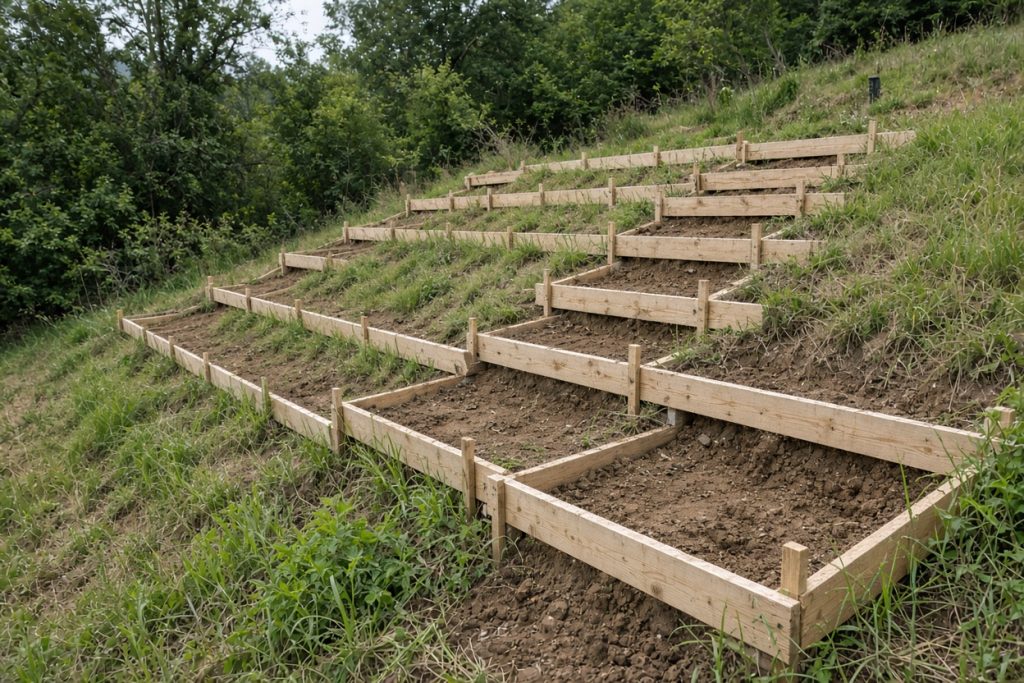 Wooden forms stepped down a grassy hillside lot before a pour — New Construction in Valparaiso