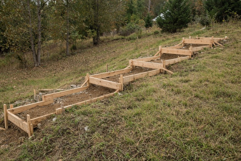 Wooden forms stepped down a grassy hillside lot before a pour — New Construction in Valparaiso
