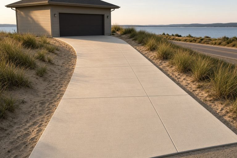 Finished sloped driveway beside a dune house — Concrete Driveways in Ogden Dunes