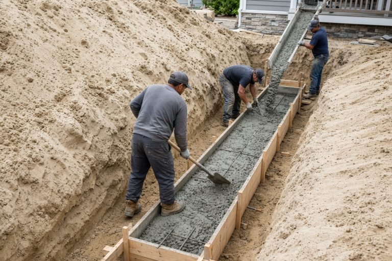 Crew pouring concrete into footing forms in a sandy trench — Concrete Foundations in Ogden Dunes