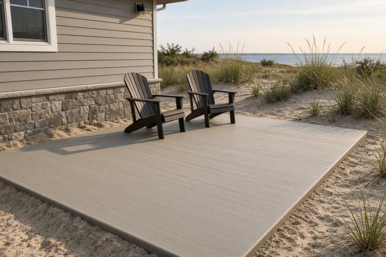 Finished broom-finish patio beside a lakeshore house — Concrete Patios in Ogden Dunes