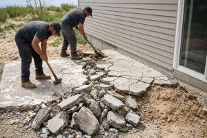 Crew tearing out a scaled patio slab beside a house — Concrete Patios in Ogden Dunes