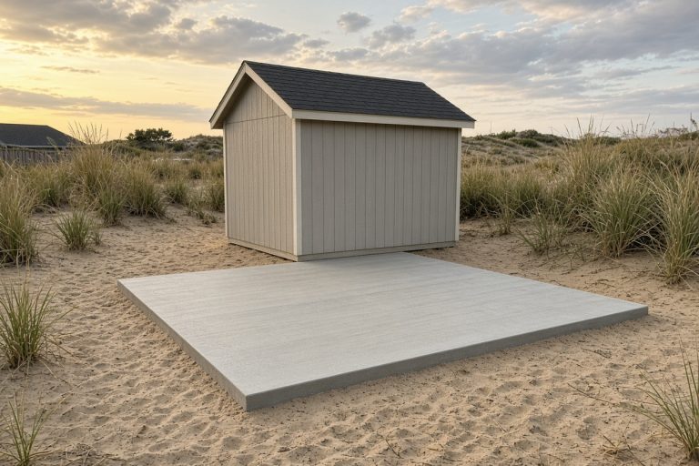 Finished shed pad on sandy ground with a garden shed — Concrete Slabs in Ogden Dunes