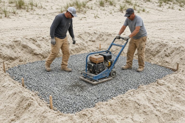 Crew compacting stone base for a shed pad — Concrete Slabs in Ogden Dunes