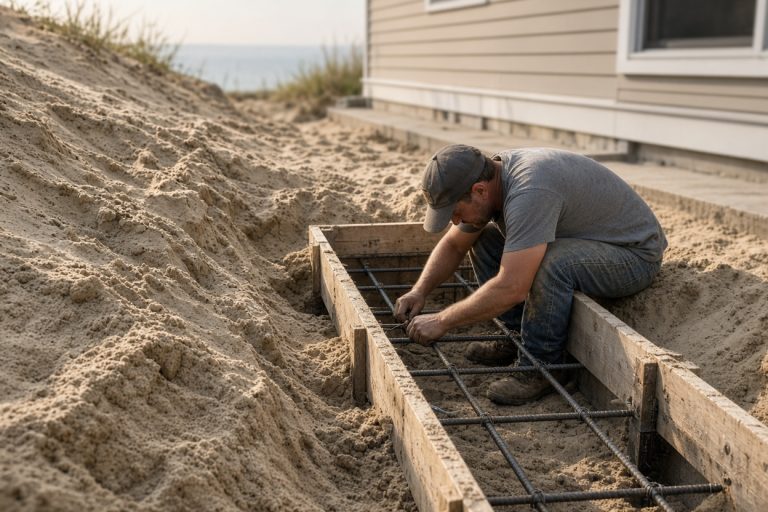 Crew forming a concrete footing in an open sand cut — Retaining Walls in Ogden Dunes