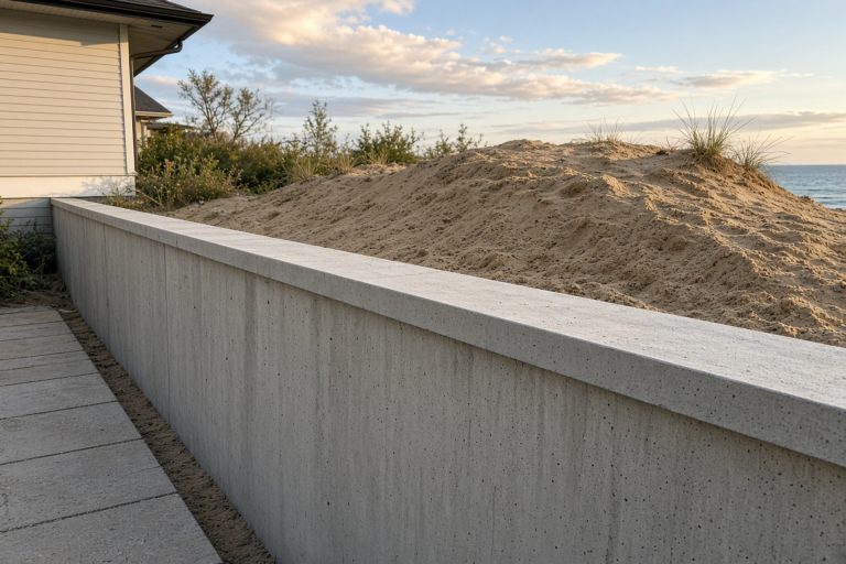 Finished concrete wall holding dune sand beside a house — Retaining Walls in Ogden Dunes