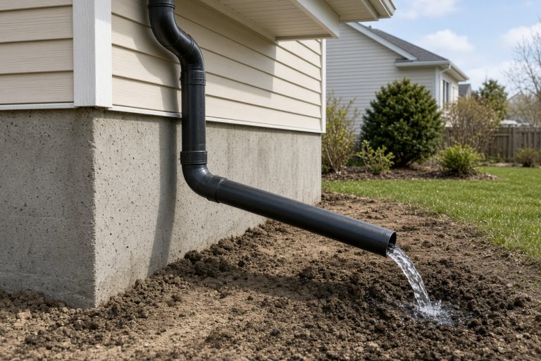 Downspout extended away from a house foundation — Concrete Basements in Portage