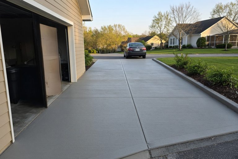 Finished broom-finish driveway sloping away from a garage — Concrete Driveways in Portage