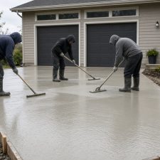 Crew floating a new driveway slab beside a two-car garage — Concrete Driveways in Portage
