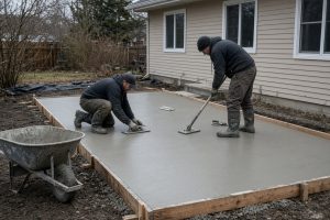 Crew leveling a fresh patio pour in a backyard — Concrete Patios in Portage