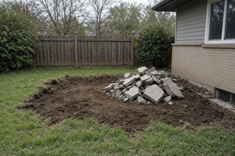 Broken patio pieces stacked beside open backyard soil — Concrete Patios in Portage