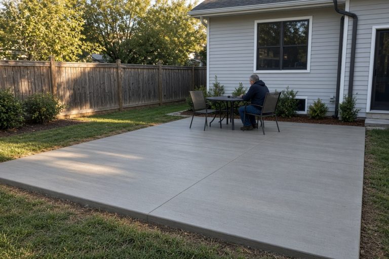 Finished patio with table on a dry backyard slab — Concrete Patios in Portage