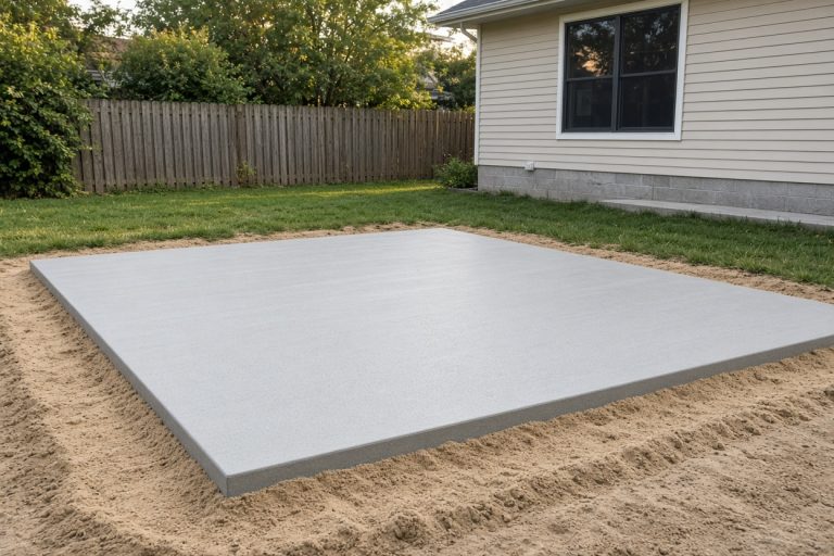Finished level shed slab on sandy backyard ground — Concrete Slabs in Portage