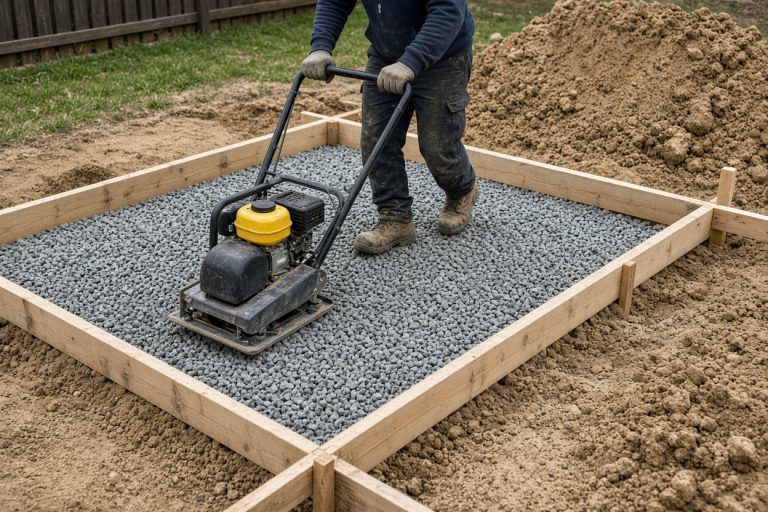 Crew compacting stone base inside wood slab forms — Concrete Slabs in Portage