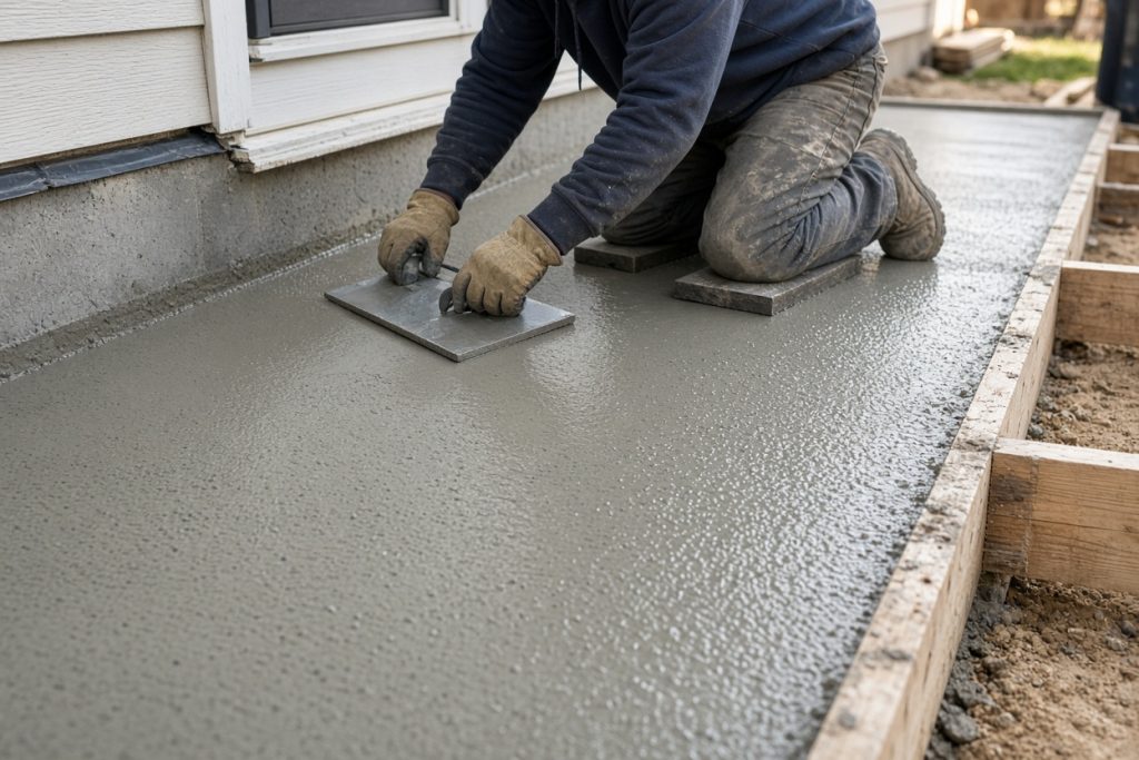 Finisher smoothing fresh concrete on an addition slab — Concrete Slabs in Portage