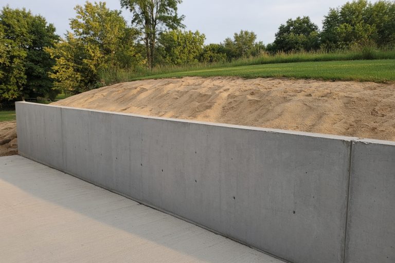 Finished concrete wall holding sand above a driveway — Retaining Walls in Portage
