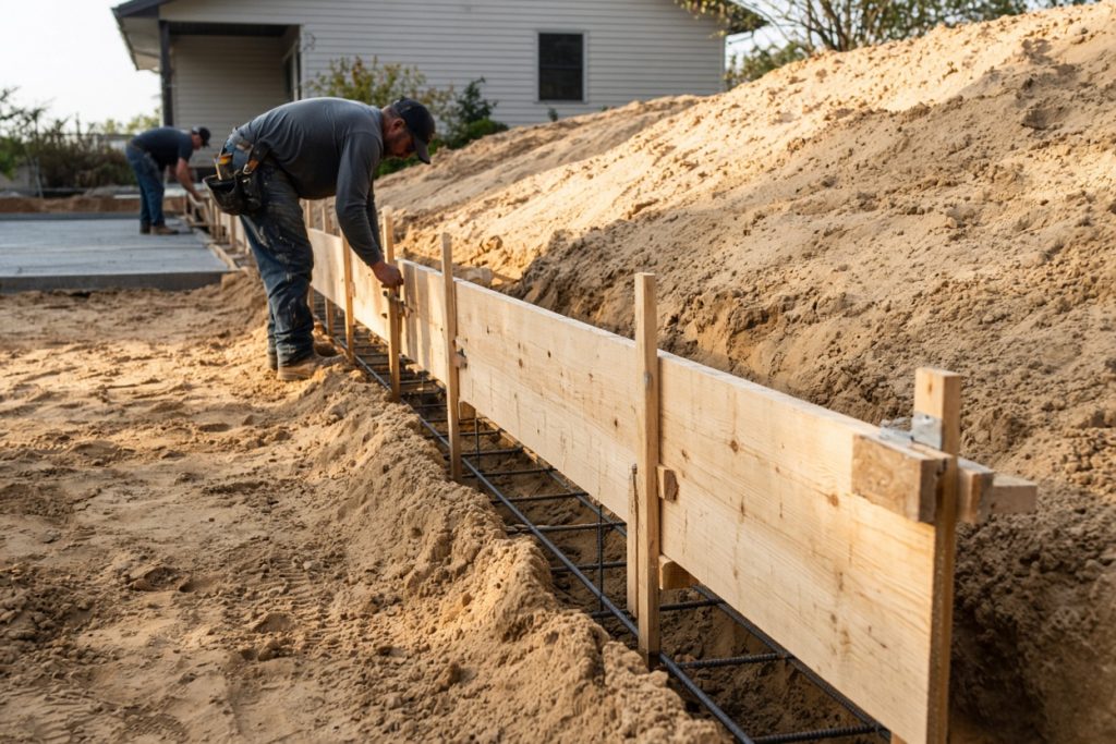 Crew forming a concrete retaining wall in sandy soil — Retaining Walls in Portage