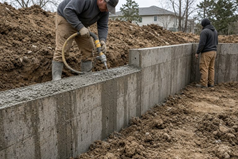 Crew placing concrete in a formed basement wall — Concrete Basements in Porter