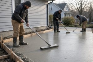 Crew finishing wet concrete on a residential driveway pour — Concrete Driveways in Porter