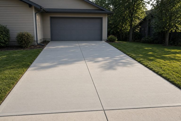 Smooth broom-finish driveway running to a garage, dry and even — Concrete Driveways in Porter