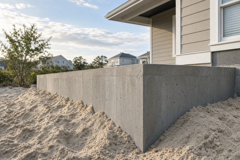 Finished foundation wall on pale dune sand — Concrete Foundations in Porter