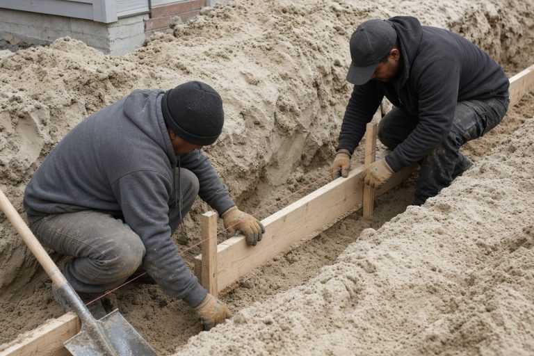 Workers setting footing forms in dune sand — Concrete Foundations in Porter