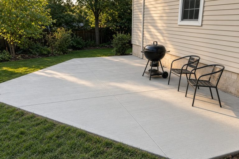 Finished broom-finish patio with chairs and a grill — Concrete Patios in Porter