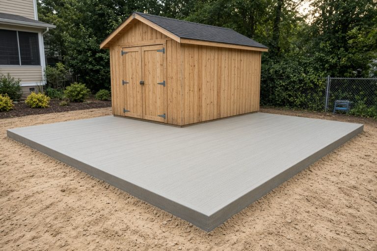Finished shed slab with a broom finish beside a small outbuilding — Concrete Slabs in Porter