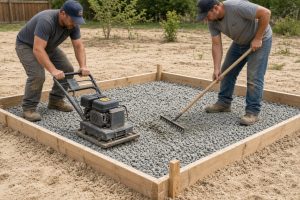 Crew packing stone base inside shed slab forms on sandy ground — Concrete Slabs in Porter