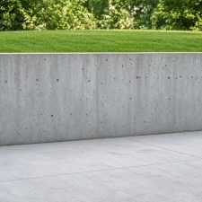 Finished concrete wall with lawn above and a patio below — Retaining Walls in Porter