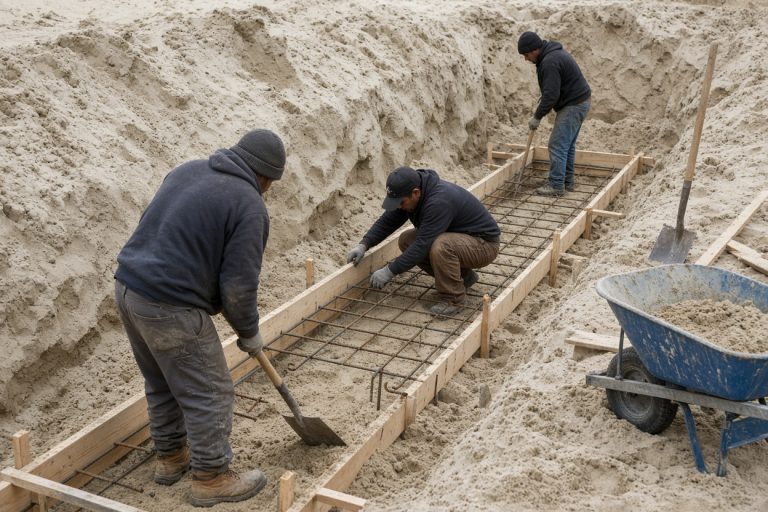 Crew setting forms for a wall footing in dune sand — Retaining Walls in Porter