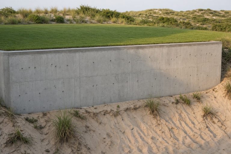 Finished concrete wall leveling a sandy dune-side yard — Retaining Walls in Porter