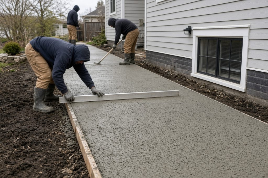 Crew screeding a new sidewalk pour beside a house — Residential Concrete in Chesterton