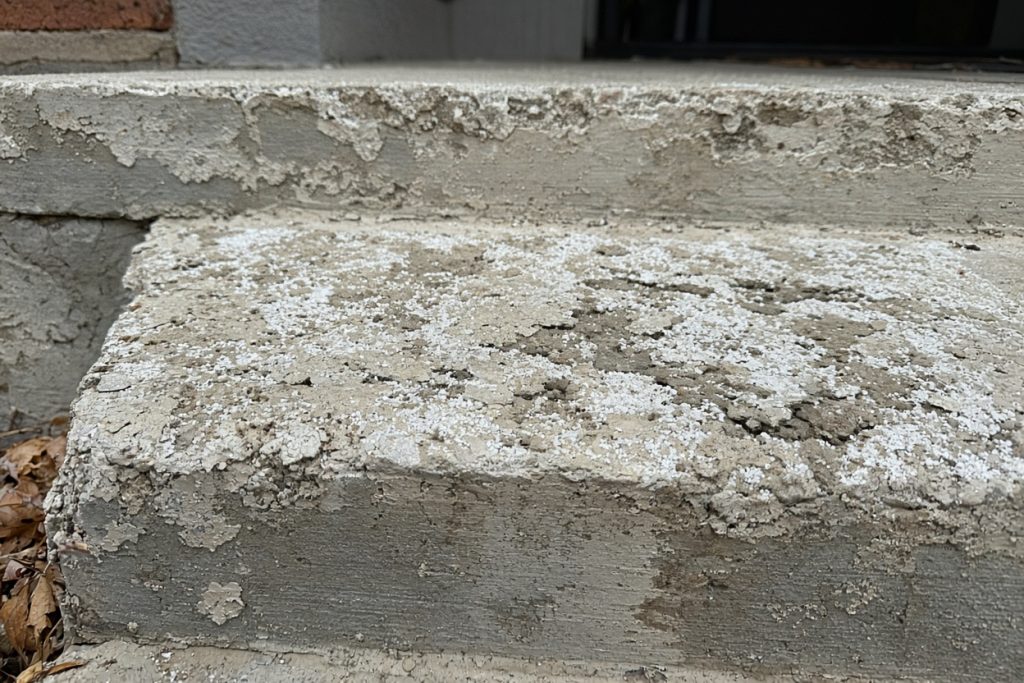 Close-up of scaled concrete on a front stoop after salt use — Residential Concrete in Chesterton