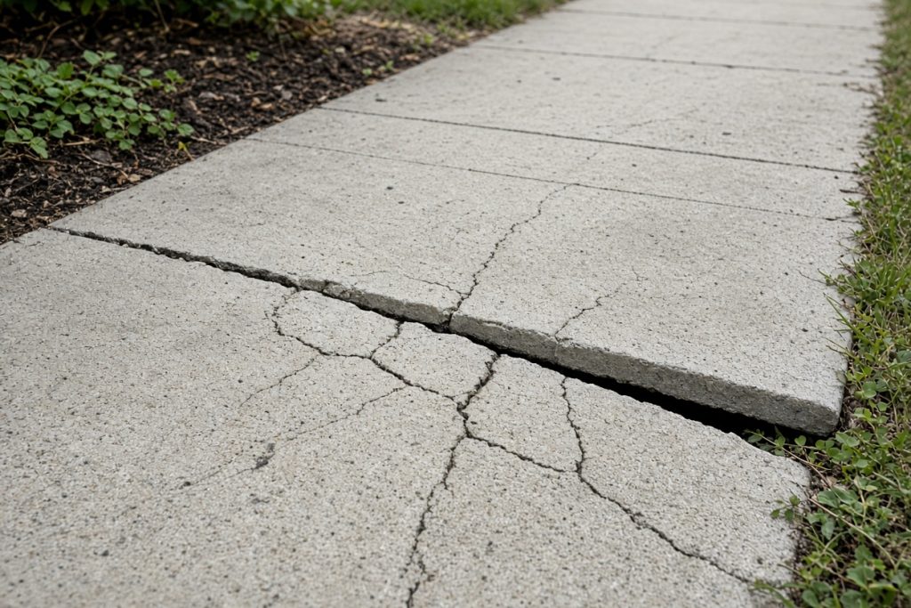 Cracked front sidewalk with a raised lip at the joint — Residential Concrete in Chesterton
