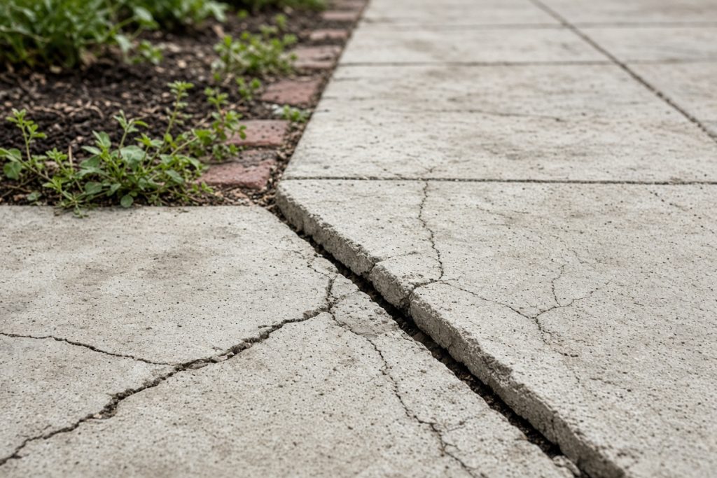 Cracked front sidewalk with a raised lip at the joint — Residential Concrete in Chesterton